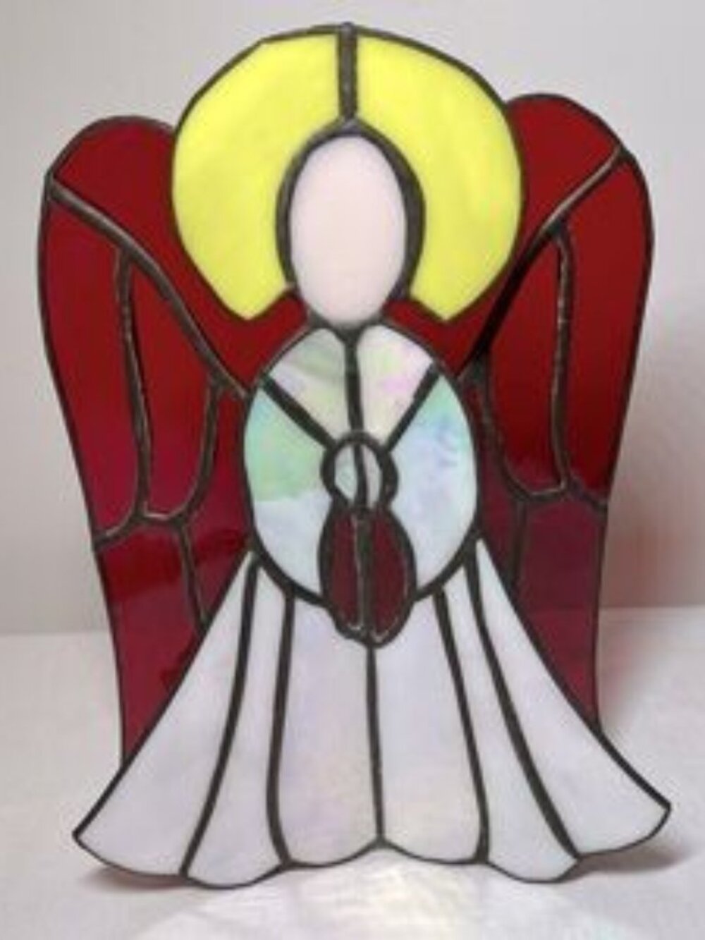 Stained Glass Angel Red and Yellow. 11.5” tall. Stunning vibrant free-standing
